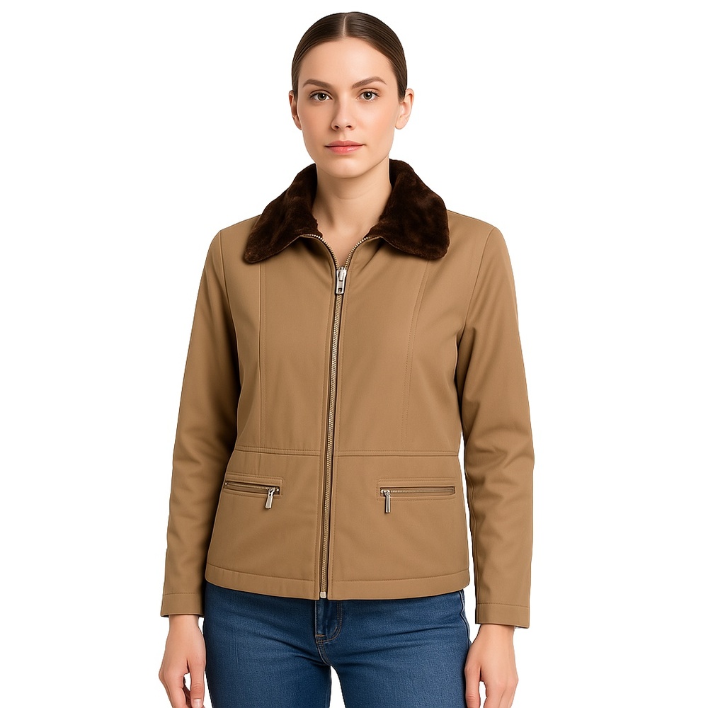 XOXO Juniors Camel Brown Cozy Fur Collar Full Zip Casual Jacket Womens M